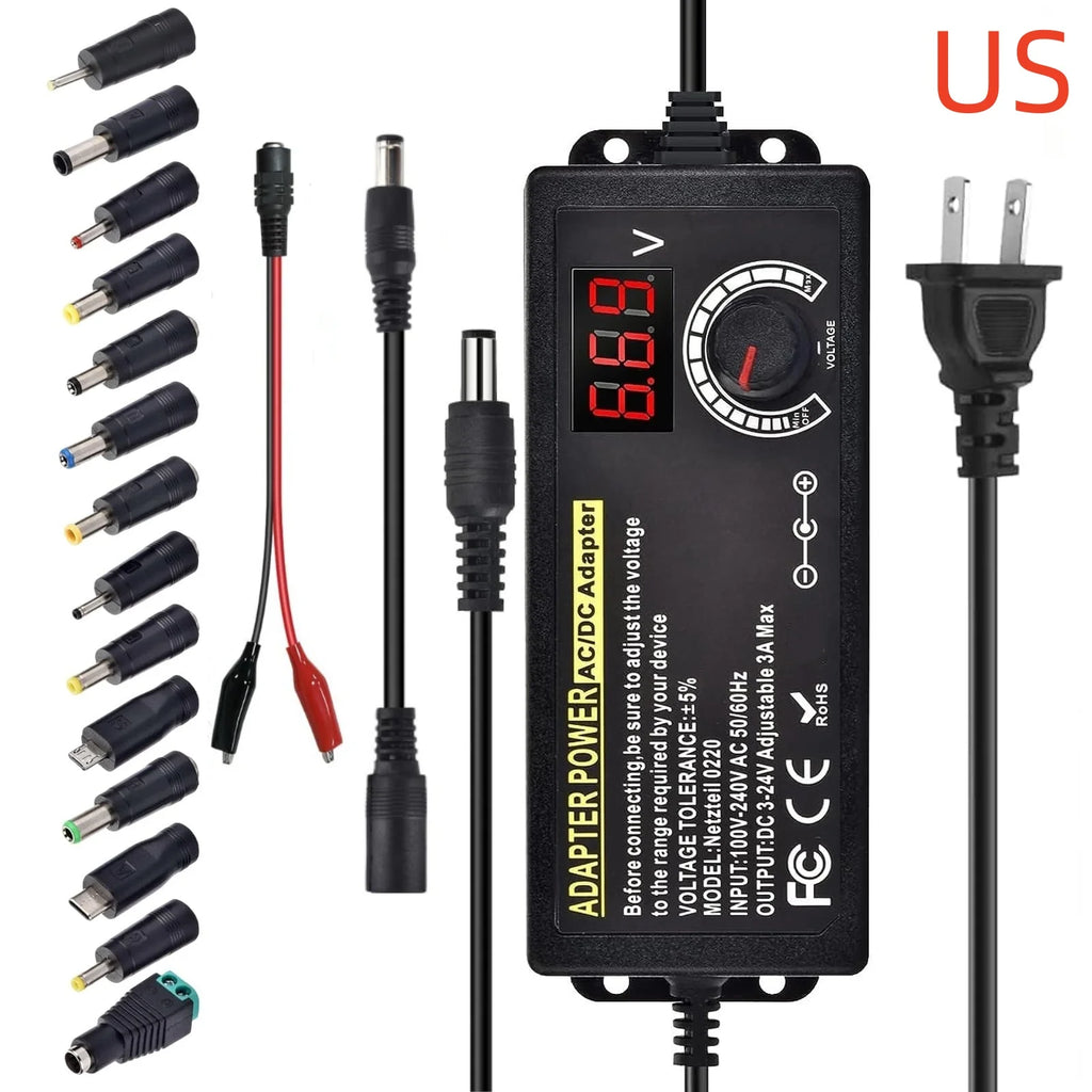 AC to DC Power Supply Adjustable Laboratory Supply Power Source 3V-24V-3A Portable Universal Adapter EU/US Plug Alligator Clip Oasis Select US Complete Set AC 100-240V DC 3A