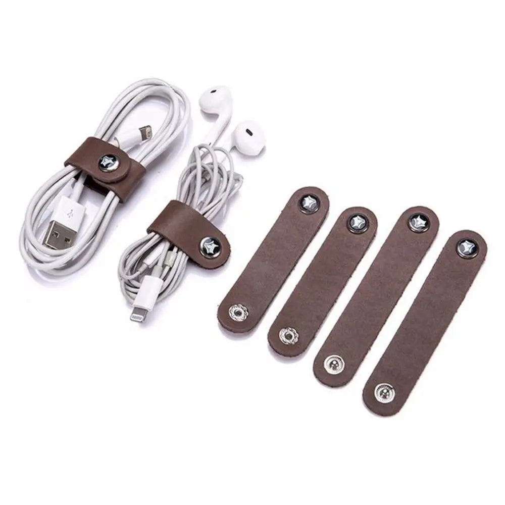 4Pcs Leather Data Cable Organizer Cord Winder Straps Earphone Wrap Winder Charger Protector Tidy Storage Cable Holder Clips Ties Oasis Select brown 4pcs