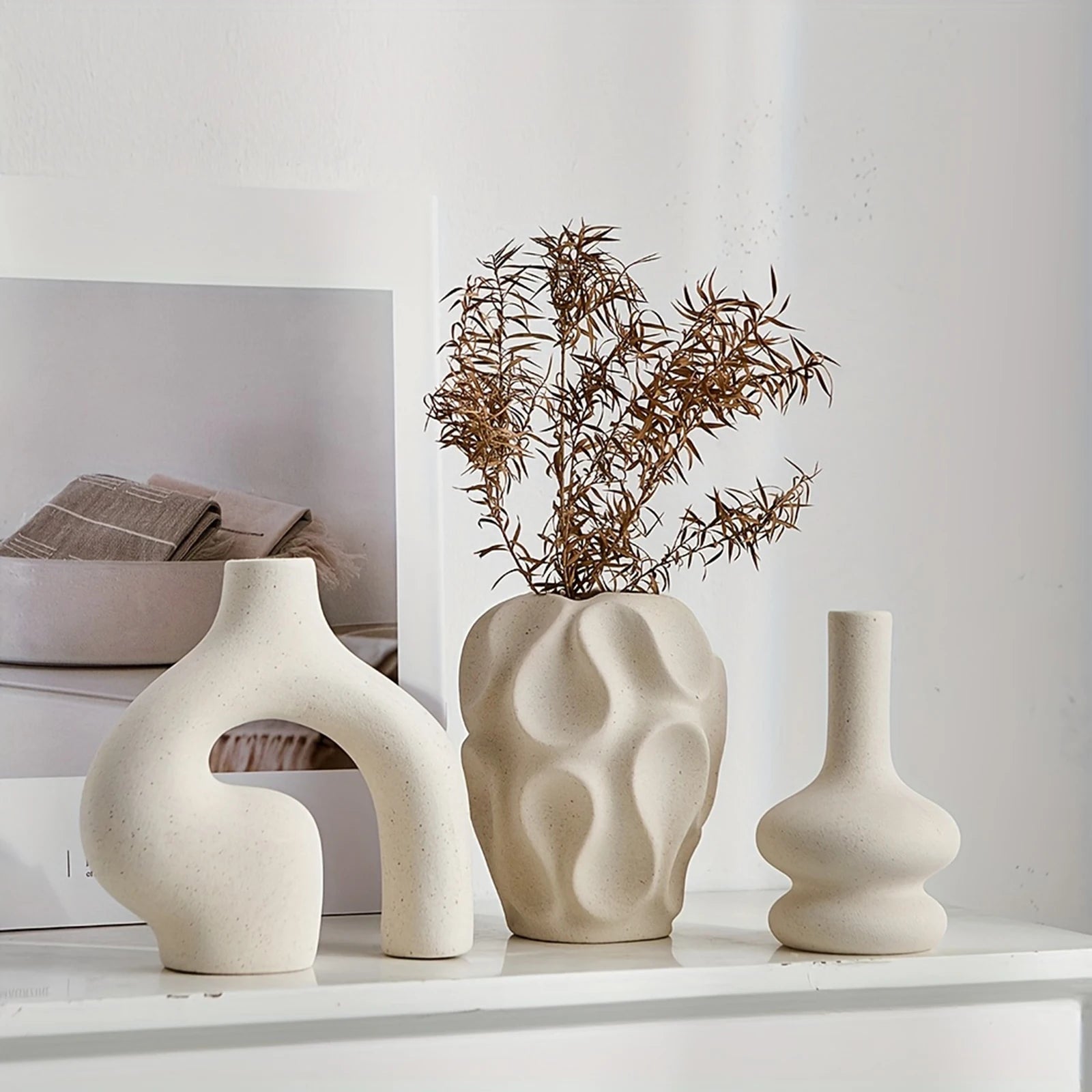 3pcs Bohemian Ceramic Vase Set Modern Minimalist Round & Donut Shape Geometric Pattern Perfect For Fashion Home Decoration Oasis Select