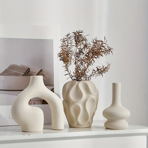 3pcs Bohemian Ceramic Vase Set Modern Minimalist Round & Donut Shape Geometric Pattern Perfect For Fashion Home Decoration Oasis Select