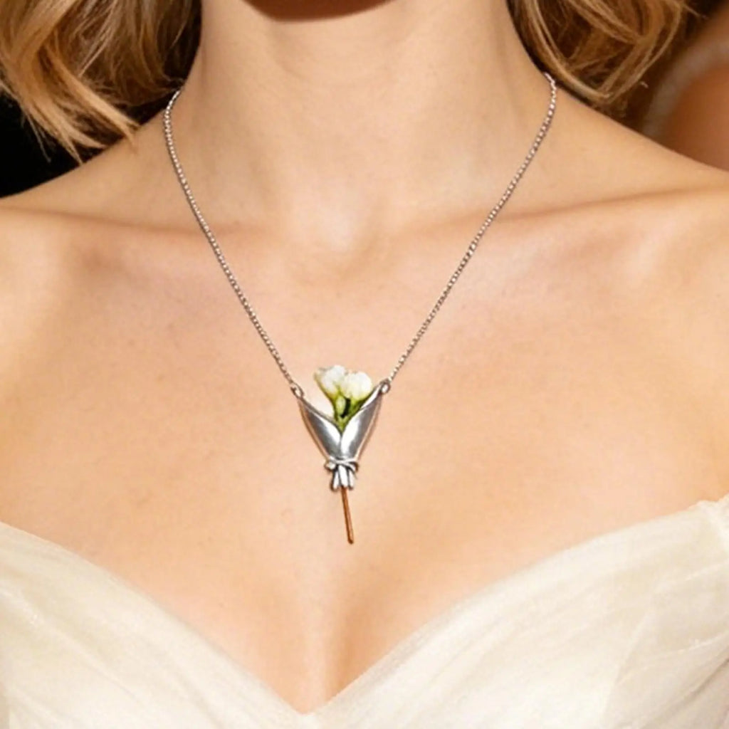 Flower Necklace Romantic Trendy Bouquet Jewelry Copper Cute Floral Necklace Bouquet Necklace Pendant Creative Vase Necklace Oasis Select