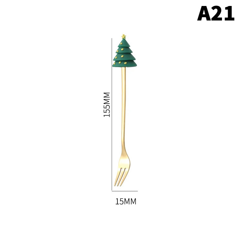 Stainless Steel Christmas Dessert Spoons Cake Forks with Cartoon Christmas Tree Elk Design - Set of 1/2/4/6 - Gift Box Included Oasis Select A21