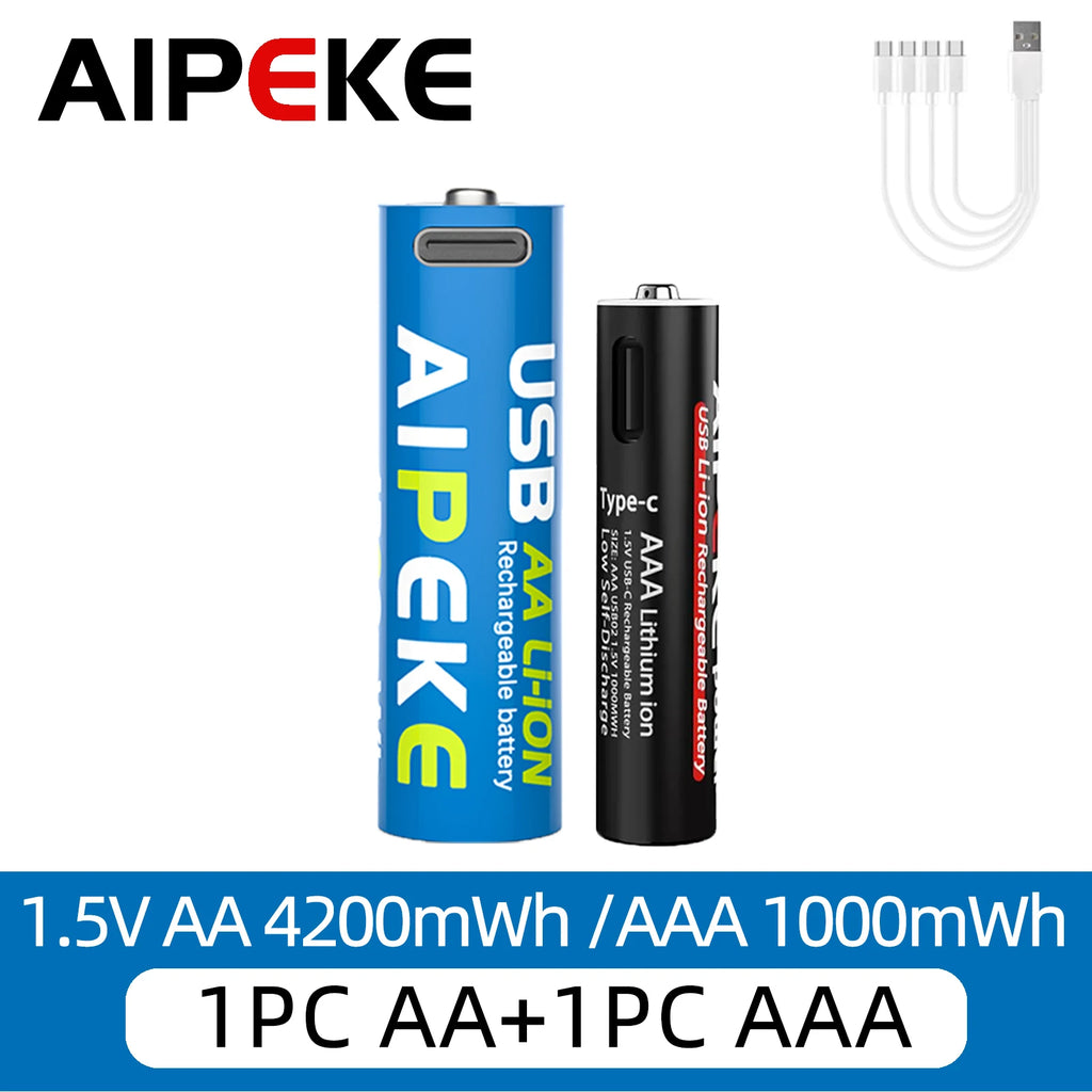 AIPEKE Aa Rechargeable Batteries 4200mWh triple aaa rechargeable batteries 1.5V 1000mWh,USB-C Charging for Remote Control Mouse Oasis Select AA1PC and AAA1PC