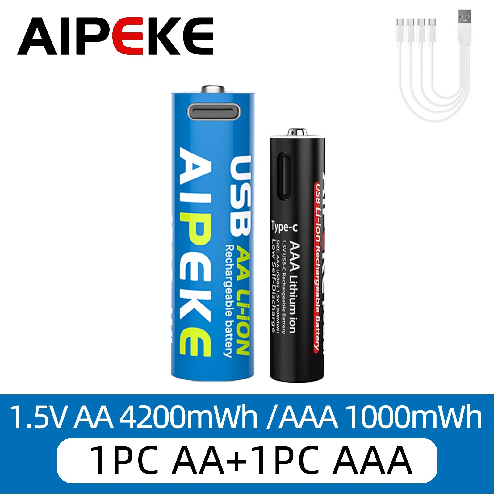 AIPEKE Aa Rechargeable Batteries 4200mWh triple aaa rechargeable batteries 1.5V 1000mWh,USB-C Charging for Remote Control Mouse Oasis Select AA1PC and AAA1PC