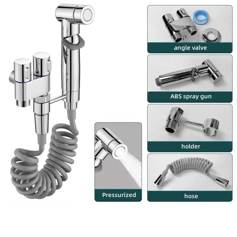 Toilet Cleaning Bidet Toilet Sprayer Set Water Portable Handheld Bidet Sprayer Shower Double Outlet Angle Valve Accessories Oasis Select silver