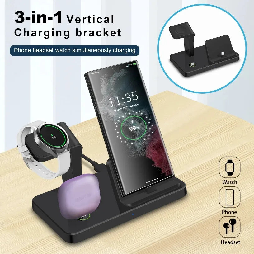 Multifunctional 3 in 1 Desktop Fast Wireless Charger for Samsung S24 S23 S22 Note 20 Z Flip Z Fold for Galaxy Watch 7 6 5 Pro 4 Oasis Select