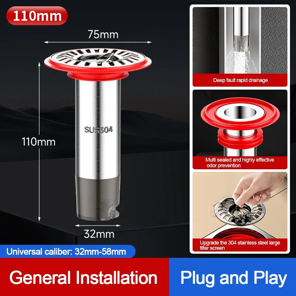 Stainless Steel Floor Drain Core Anti Odor Easy Install Removable Seal Stopper Odor Control Insect Proof Sewer Strainer Plug Oasis Select 11cm