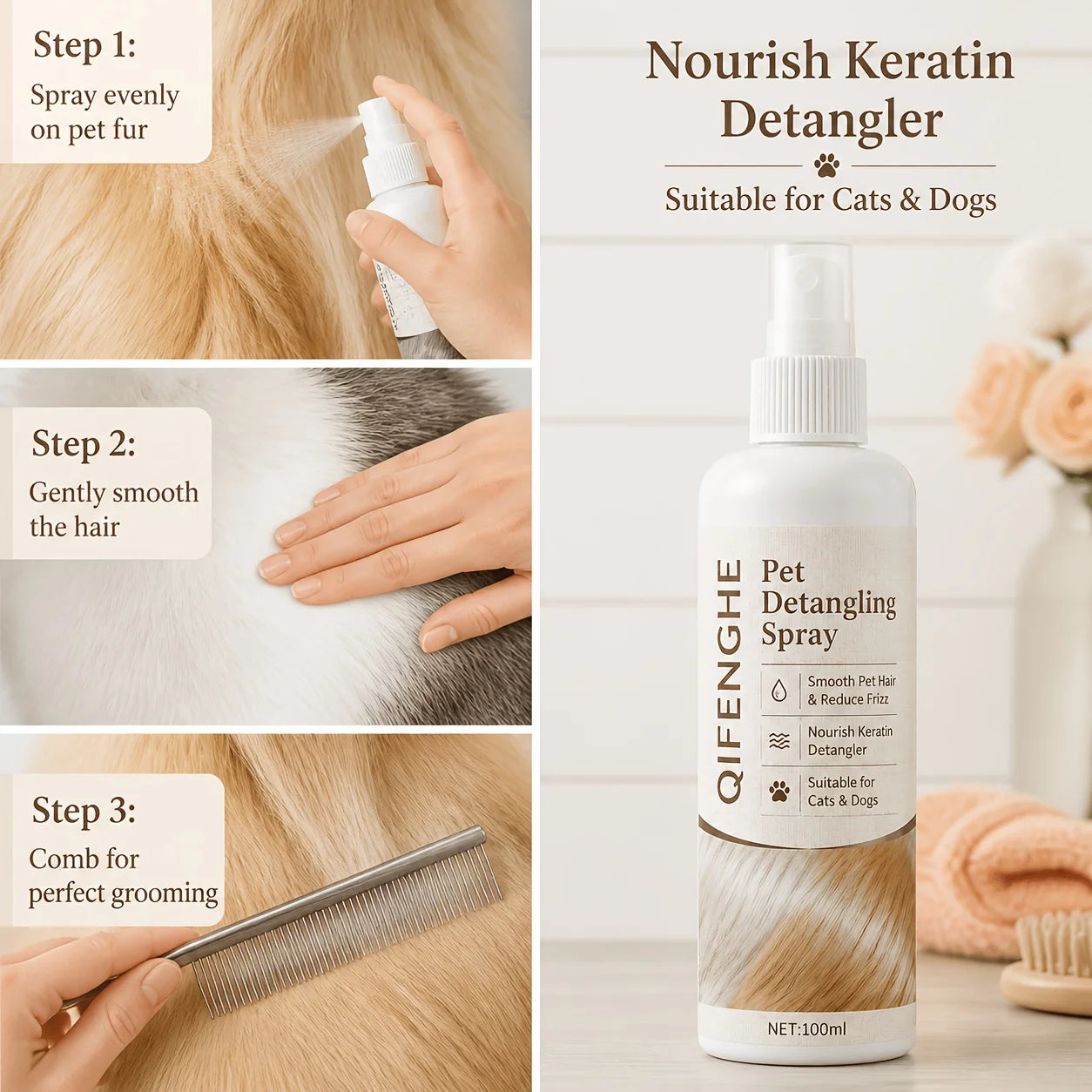 Pet Detangler Spray for Dogs & Cats – Coconut Oil & Vitamin C