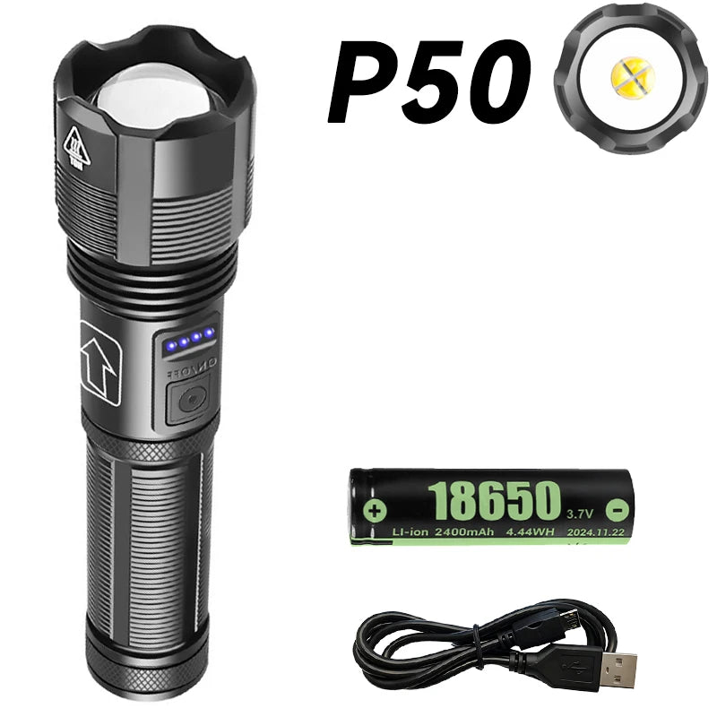 High Power Rechargeable Flashlights Ultra Powerful XHP50/XHP70 Torch Light External 18650Tactical Flashlight For Outdoor Camping Oasis Select P50-18650 Battery A ZOOM