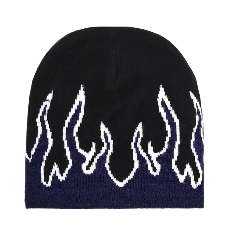 Knitted hat, hip-hop flame jacquard hat, cross-border winter warm and cold hat, brimless pullover hat, trendy and cool Oasis Select Navy Blue