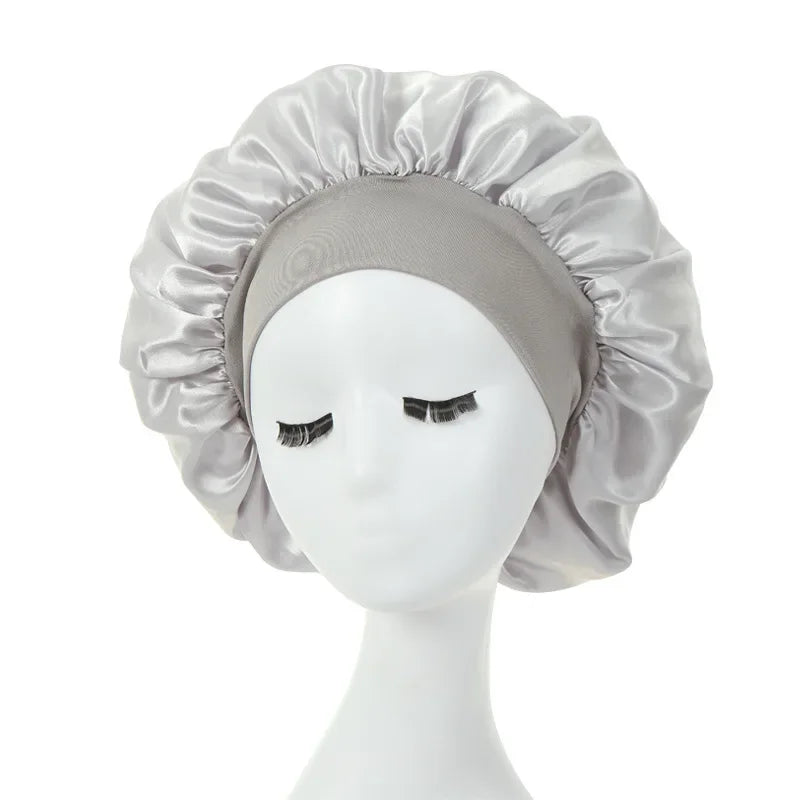 1pc Night Sleep Caps with Wide Elastic Band, Silk Wrap, Soft Head Cover Sleeping Hat for Women and Girls Curly Hair Oasis Select GRAY