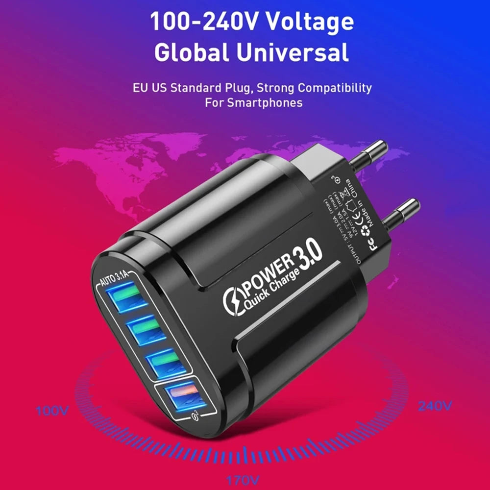48W QC3.0 Quick Charger 4USB EU Standard Travel Portable 4 Port Fast Charging Suitable For Android iPhone Xiaomi Other Devices Oasis Select