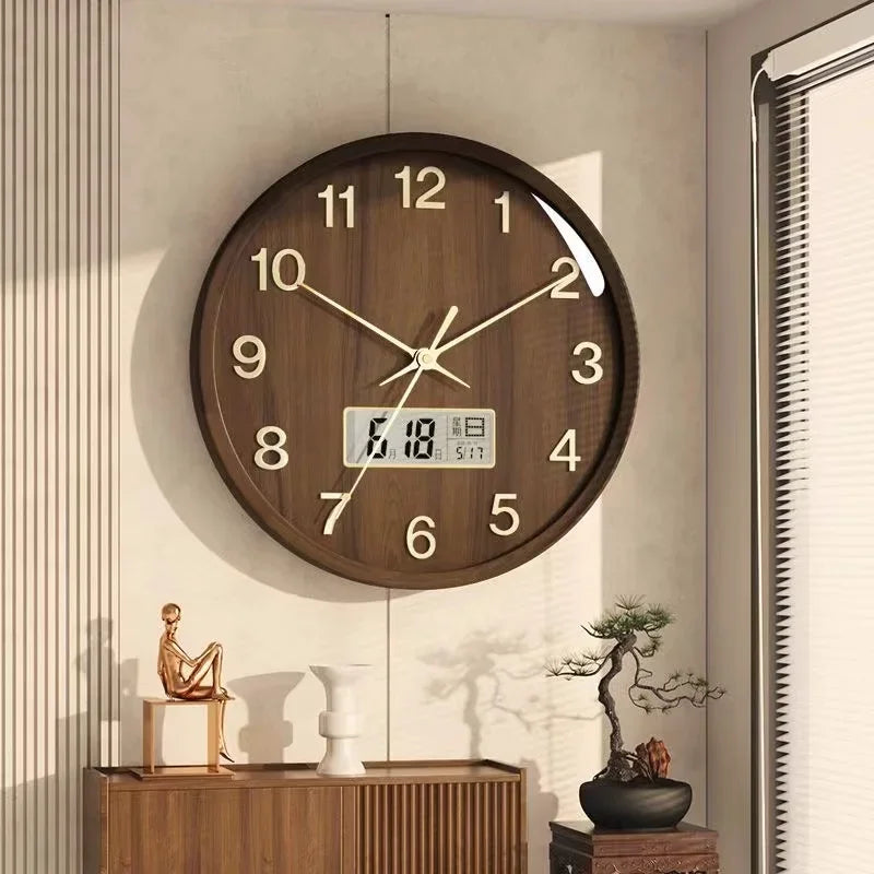 New Chinese Solid Wood Wall Clock Living Room Household Quartz Clock with Calendar Atmospheric Decorative Clock Oasis Select