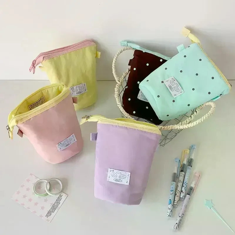 1Pcs Cute Polka Dot Solid Color Stationery Pencil Case Student Two Way Desktop Pen Holder Portable Organizer Bag ﻿ Oasis Select