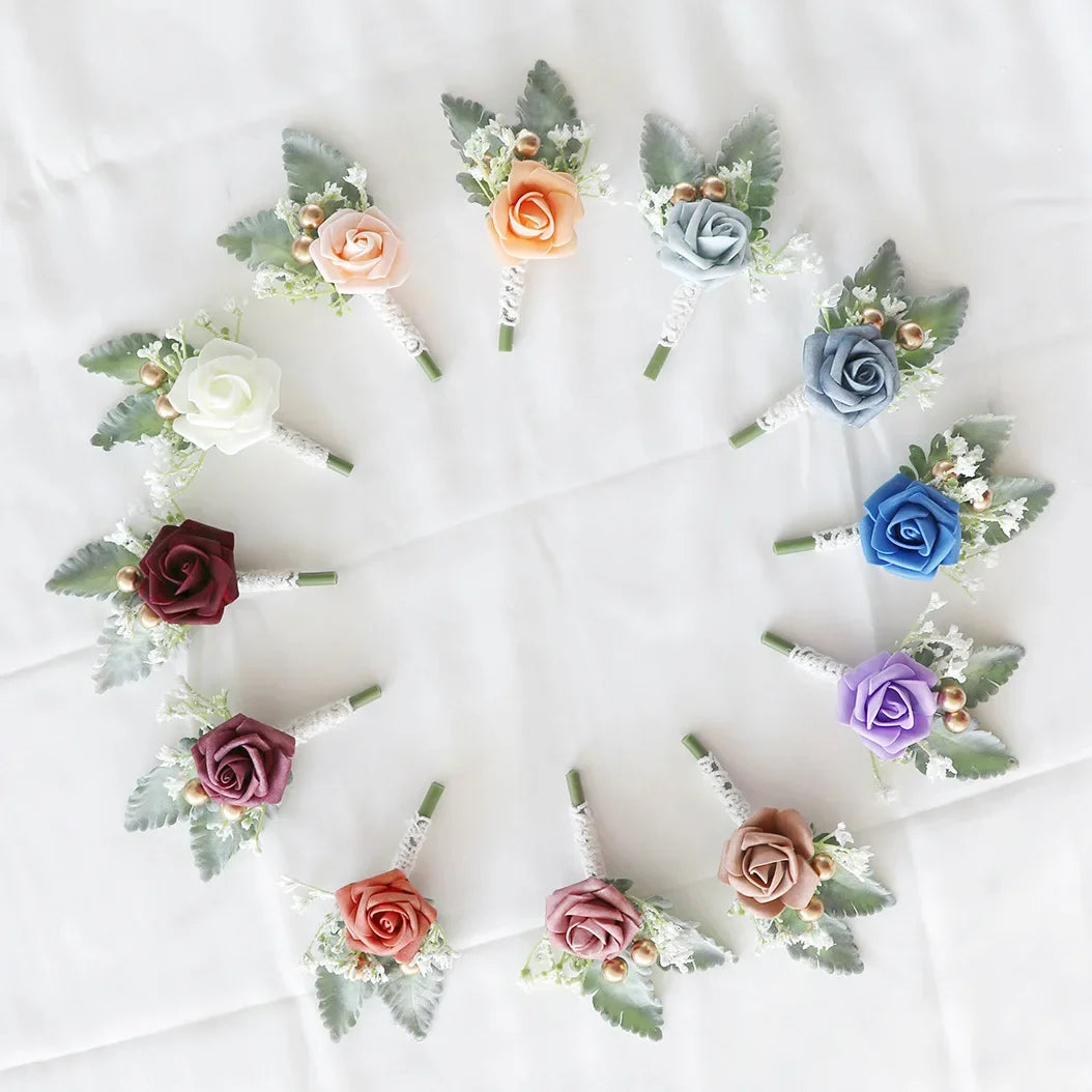 Boutonnieres Flowers Artificial White Roses Silk Ivory Corsage Buttonhole Groomsmen Boutonniere for Men Wedding Accessories Oasis Select