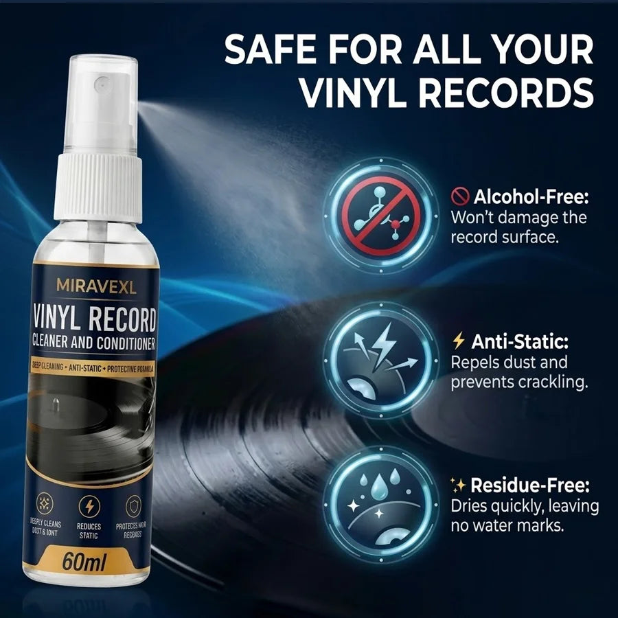 MIRAVEXL Vinyl Record Cleaning Kit: 60ml Spray & Anti-Static Velvet Brush Set — Designed Specifically for Record Maintenance Oasis Select