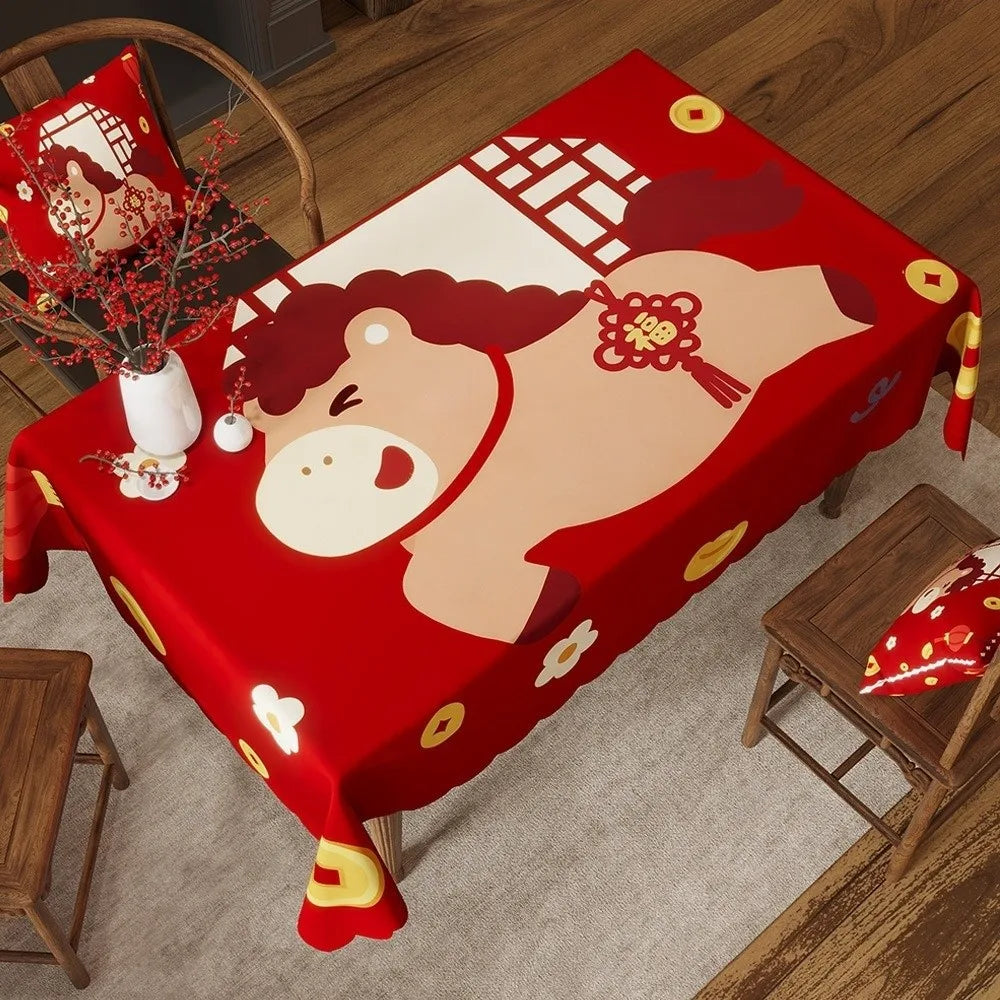 Waterproof New Year Tablecloth Stain Resistant Washable Table Cover Cartoon Light Luxury Decorative Tablecloth Oasis Select