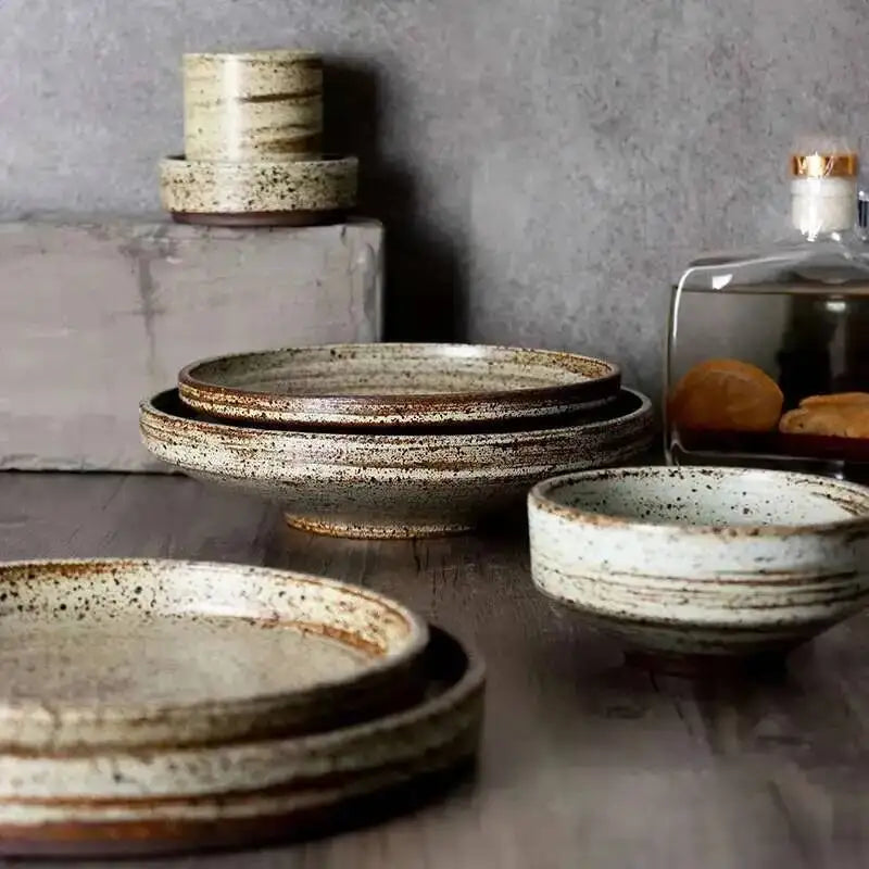 Retro Handmade Stoneware Rice Soup Bowl Tea Cup Round Steak Salad Dinner Plate Dishes Home Dining Dish Japanese Tableware Set Oasis Select