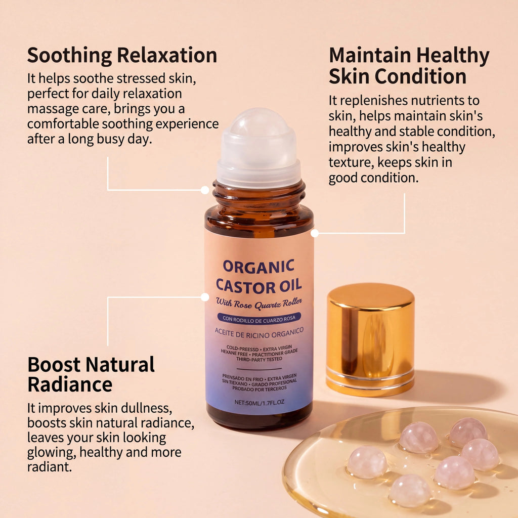 Organic Castor Oil With Rose Quartz Roller Cold Pressed Hexane-Free Skin Soothing Moisturizing For Face Body Care Oil Oasis Select