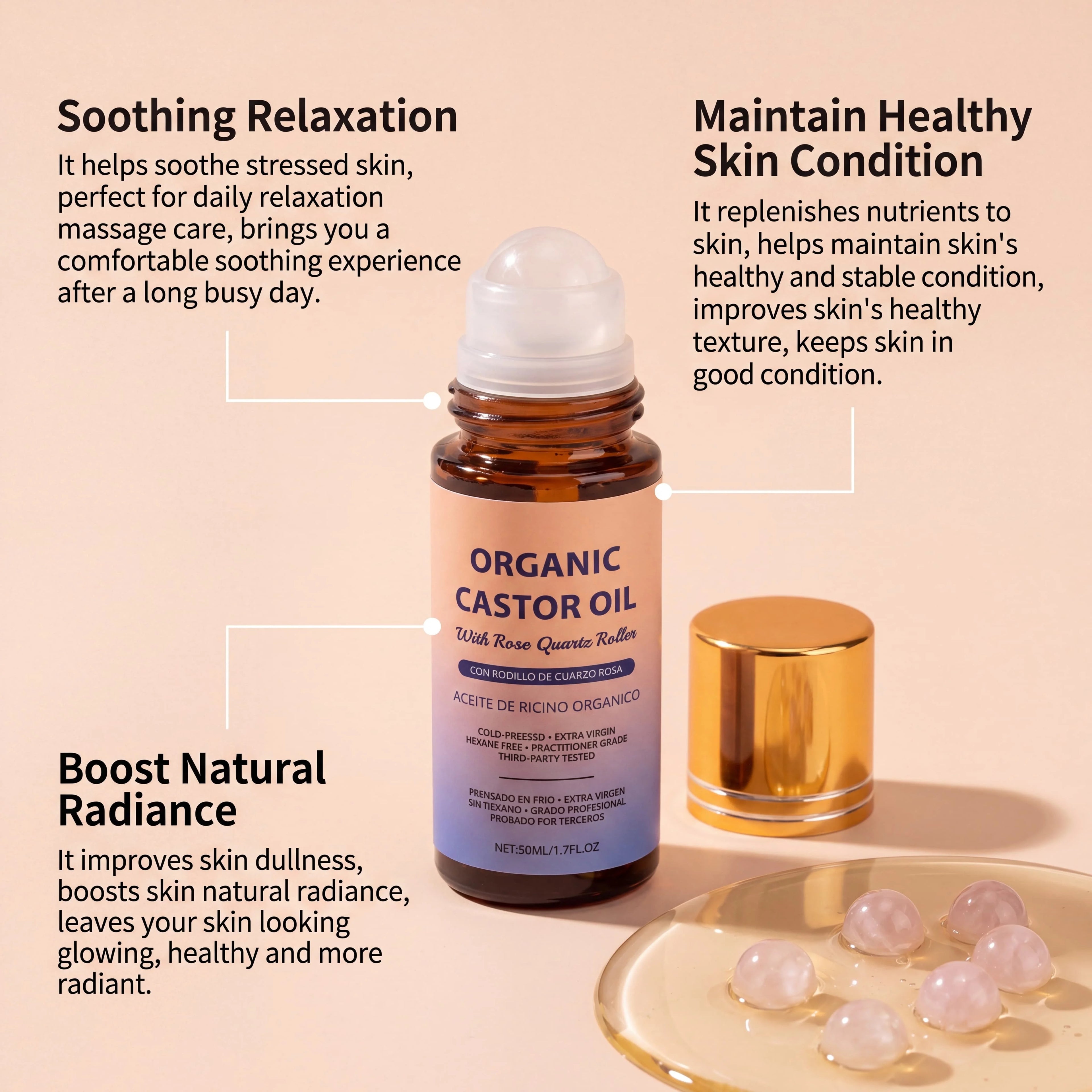 Organic Castor Oil With Rose Quartz Roller Cold Pressed Hexane-Free Skin Soothing Moisturizing For Face Body Care Oil Oasis Select