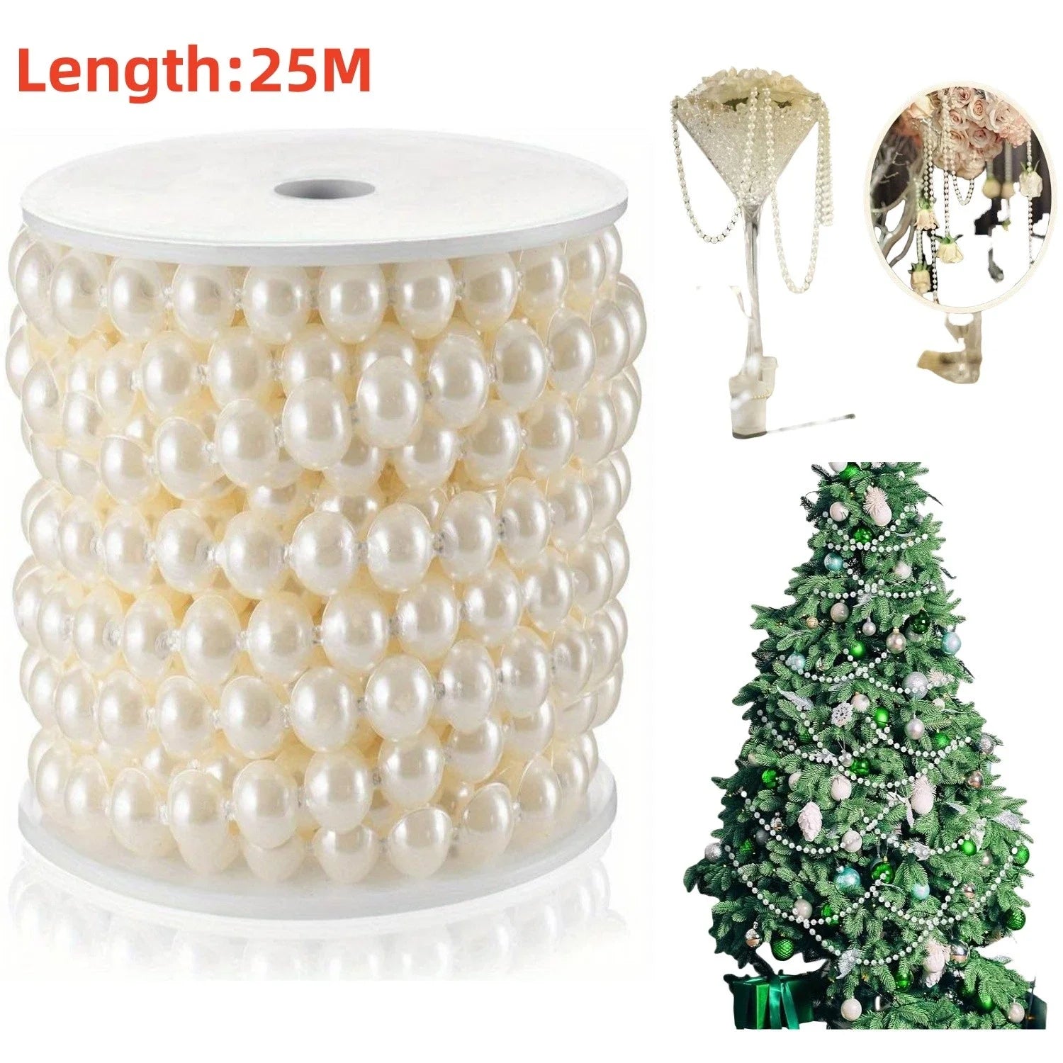 25M 6MM Bead Ball Chain Craft Pearls String Faux Pearl Garland Spool Roll Strand Wedding Party Christmas Tree Decorations Oasis Select
