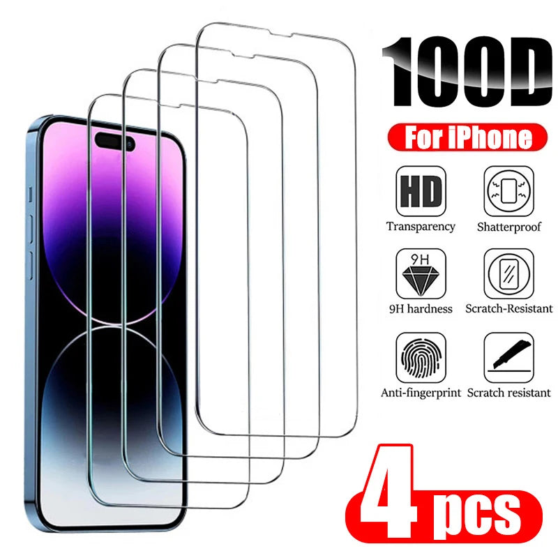 4PCS Tempered Glass for iPhone 14 Pro Max 14 Plus 14Pro Screen Protector for iPhone 13 16 15 12 11 Pro Max 12Mini 13 Mini Glass Oasis Select For iPhone 16 Pro 4PCS Tempered Glass