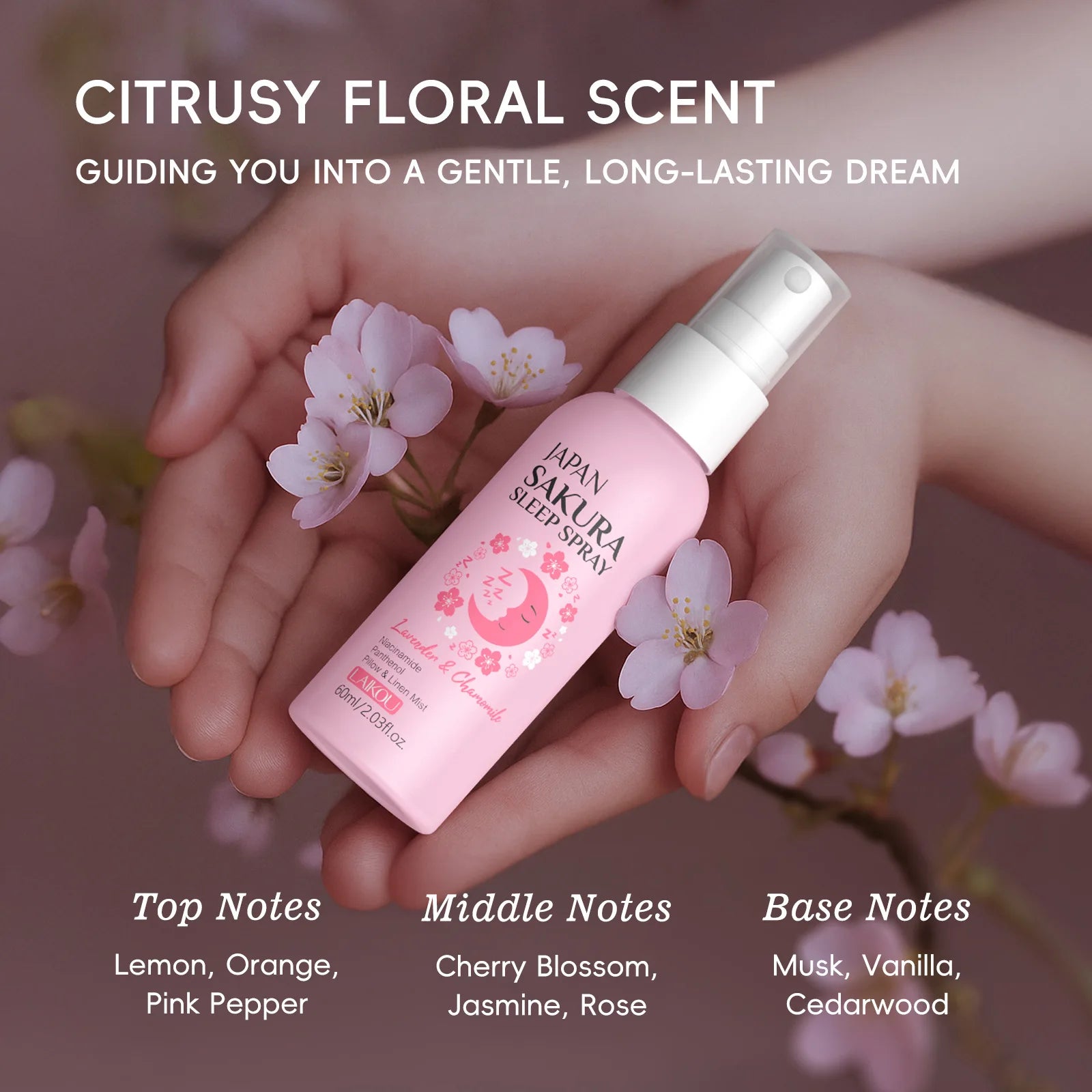 Cherry Blossom Pillow Spray 60ml Travel Size Calming Relaxing Sleep Mist Aromatherapy for Bedroom Helps Promote Relaxation Oasis Select