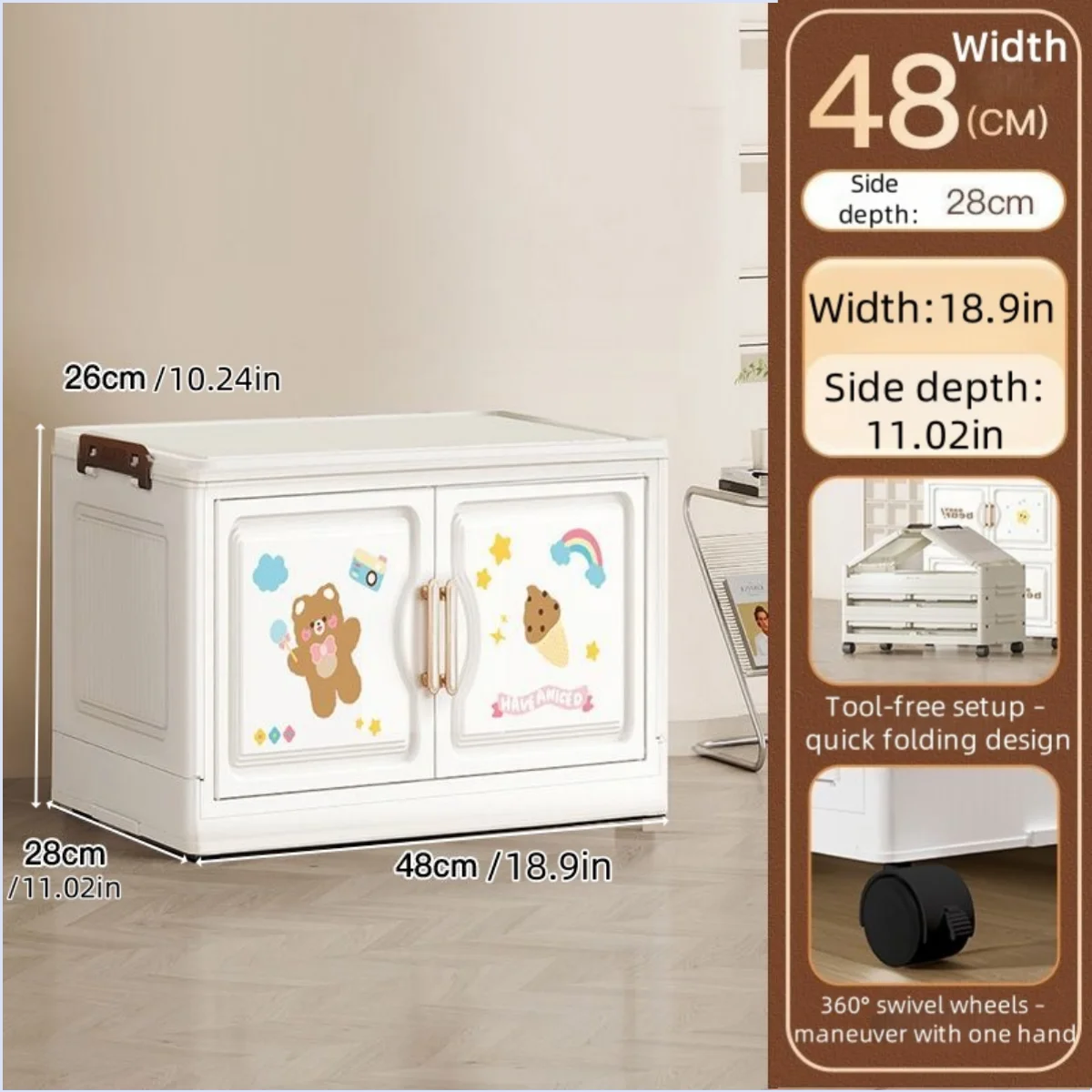 18.9 Inch Cartoon Foldable Storage Box,1-6 Tier Heavy-Duty Rolling Organizer,2 Colors for Bedroom/Living Room/Kitchen/Study Oasis Select 1 Layer Bear