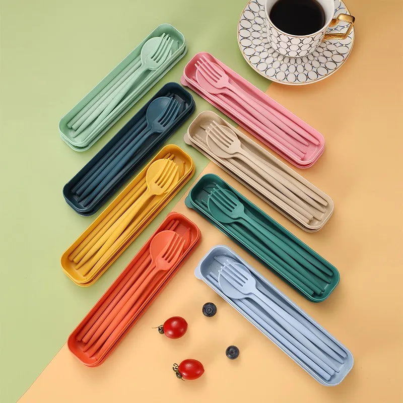 Portable Wheat Straw Dinner Utensil Kit Eco Friendly Spoon Fork Knife Chopstick Box for Travel Camping Oasis Select