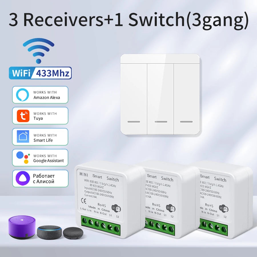 Tuya WiFi Smart Switch 433MHz 1/2/3 Gang – Alexa & Google Home Smart Wall Switch Oasis Select 3 Receiver 1 Switch
