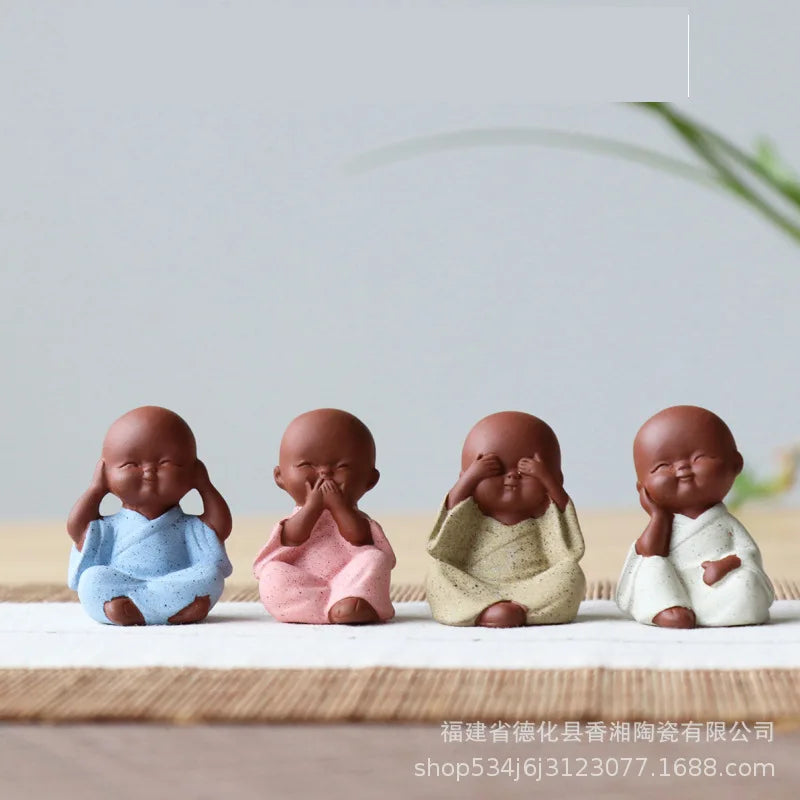 Mini Cute Purple Clay Four Little Monks Potted Plant Sha Mi Tea Pet Ceramic Buddha Home Decor Small Ornament Oasis Select 3