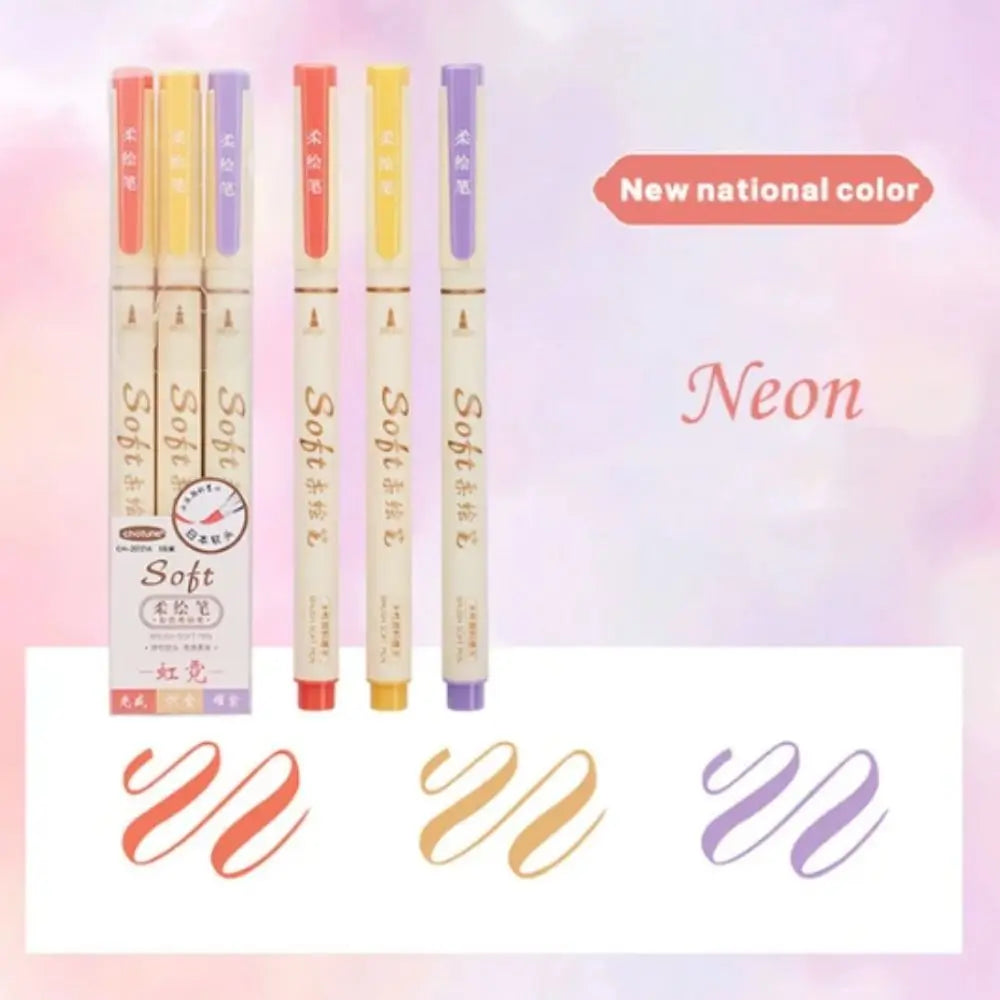 3Pcs/Set Crafts Soft Head Calligraphy Pen Soft Tip Soft Head Calligraphy Practice Pen Cute Colorful Greeting Card Pen Kids Oasis Select neon