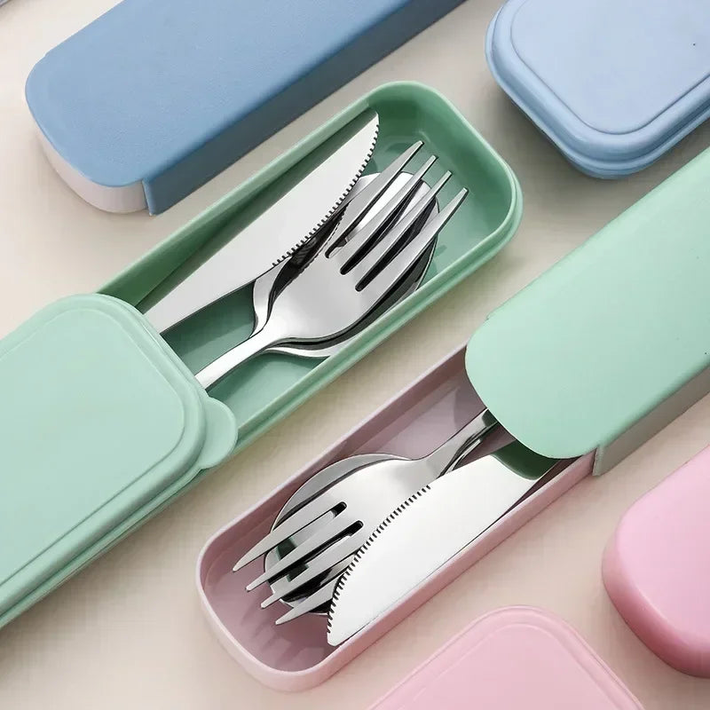 3/4pcs Portable Stainless Steel Cutlery Suit with Storage Box Chopstick Fork Spoon Knife Travel Tableware Set Camping Cutlery Oasis Select
