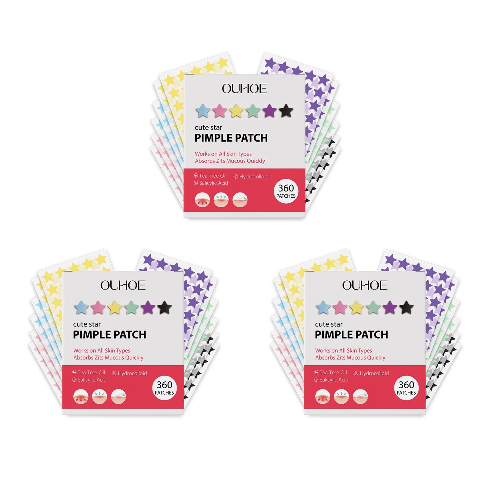 Star Shaped Pimple Patches Covering Zits Fade Blemishes Hydrocolloid Invisible Pimple Removal Tool Multi-Color Star Acne Patches Oasis Select 1080pcs boxed