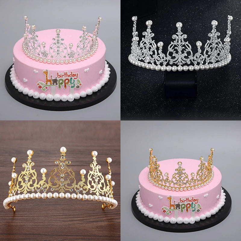 1Pc Pearl Crown Half Crown Cake Decoration Crown Flower Ornaments Children's Hair Ornaments Korean Iron Sheet Pearl Crown Oasis Select
