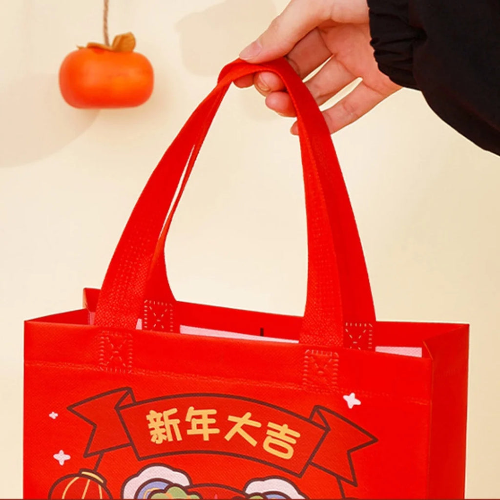 Non Woven New Year Gift Bag Foldable Gift Storage Bag With Handle Good Luck Wealthy Fortune Printed Tote Bag New Year Decoration Oasis Select