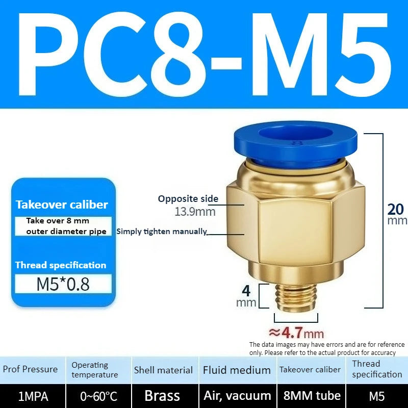 Copper Pneumatic Quick Plug Quick Connector 1/4 "1/8" 3/8 1/2 Thread PC 4mm 6mm 8mm Straight Hose Connector Pipe Oasis Select PC8-M5 Blue