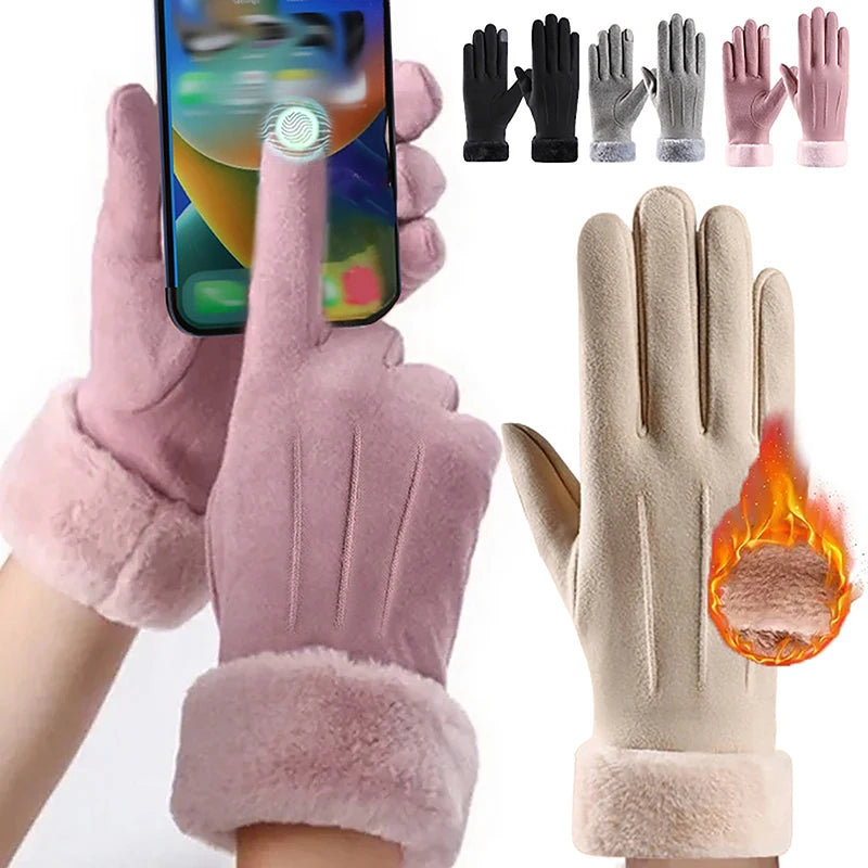 Autumn Winter Warm Suede Gloves Plus Velvet Thickened Plush Decor Cuff Gloves Outdoor Coldproof Touchscreen Riding Ski Gloves Oasis Select