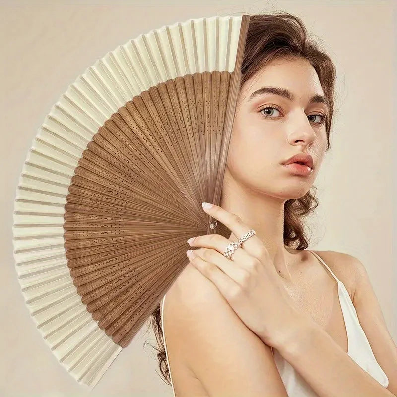 Retro Bamboo Folding Fan, Portable Summer Handheld Fan, Heart-shaped Origami Fan with Wooden Frame and White Paper Blades Oasis Select