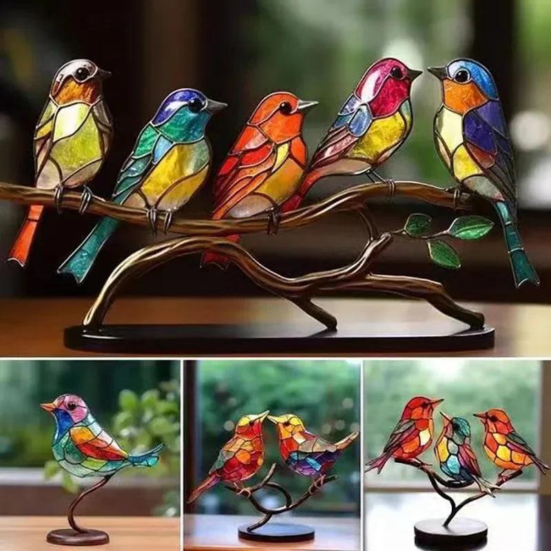 Multicolor Birds Stained Acrylic Birds on Branch Desktop Ornaments Double Sided Multicolor Style Craft Statue Ornaments Oasis Select