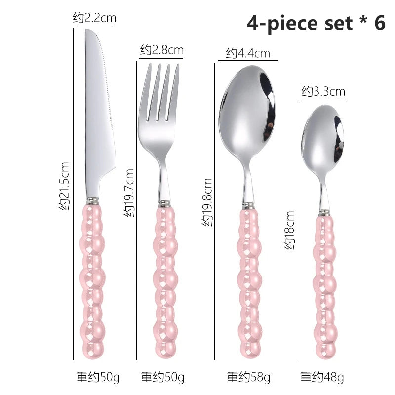 24-Piece Pearl Handle Stainless Steel Cutlery Luxury Forged Knife Fork Spoon Shell Spoon Kits Dessert Steak Dining Tableware Oasis Select Pink-24pcs