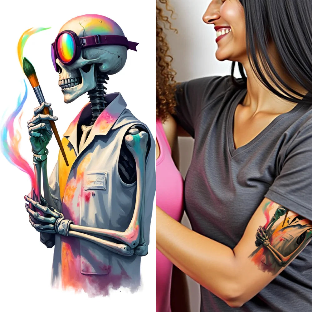 3-Pack Skeleton Temporary Tattoos – Flames & Wizard Designs