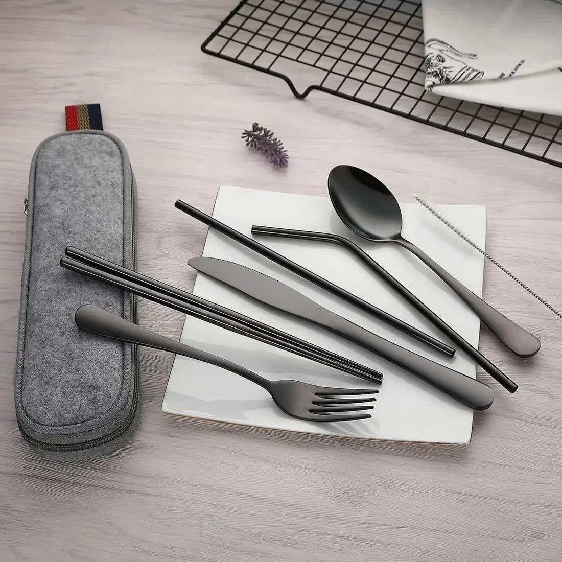 8Pcs/set Tableware Reusable Travel Cutlery Set Camp Utensils Set with Stainless Steel Spoon Fork Chopsticks Straw Portable Case Oasis Select