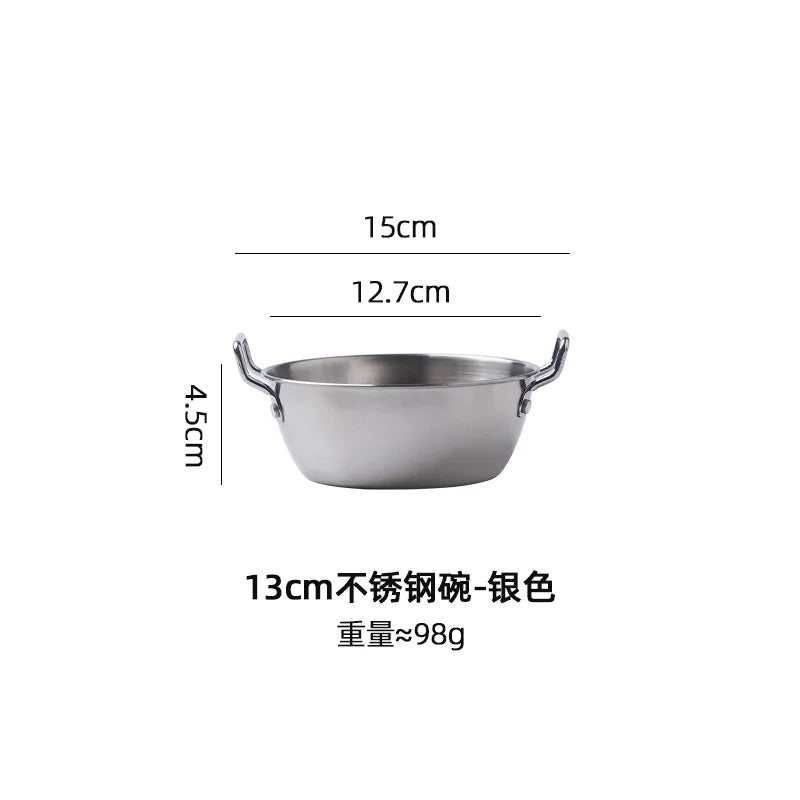 1Pcs Korean Style Cuisine Bowl Durable Stainless Steel Rice Wine Bowls Household Double Ear Snacks Plate Instant Noodle Bowl Oasis Select silver-S