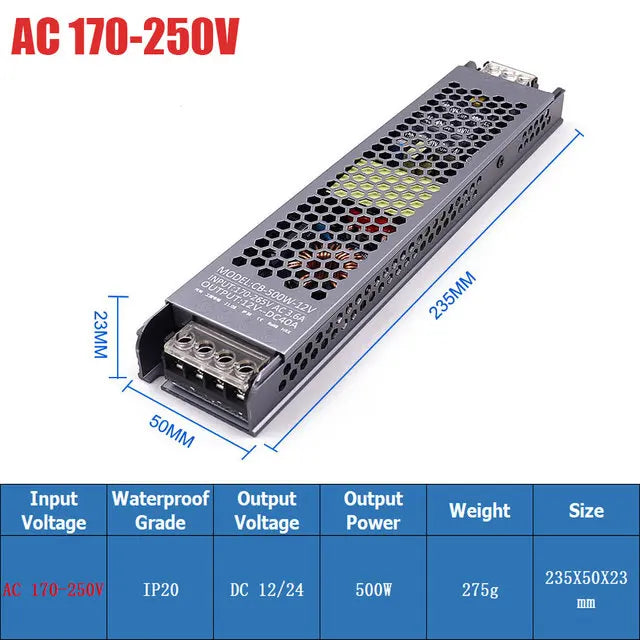 Ultra Thin LED Power Supply DC 12V 24V TO AC 110V 220V Lighting Transformers 60W 100W 200W 300W 400W 500W Driver For LED Strips Oasis Select 500W 24V