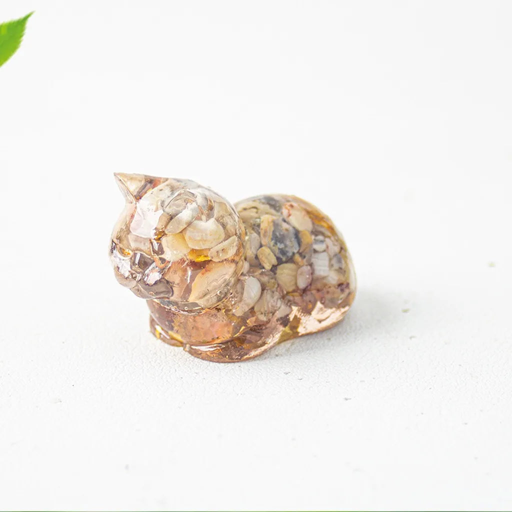 Crystal Chip Epoxy Lying Cat Figurine | Desk Decor & Gift