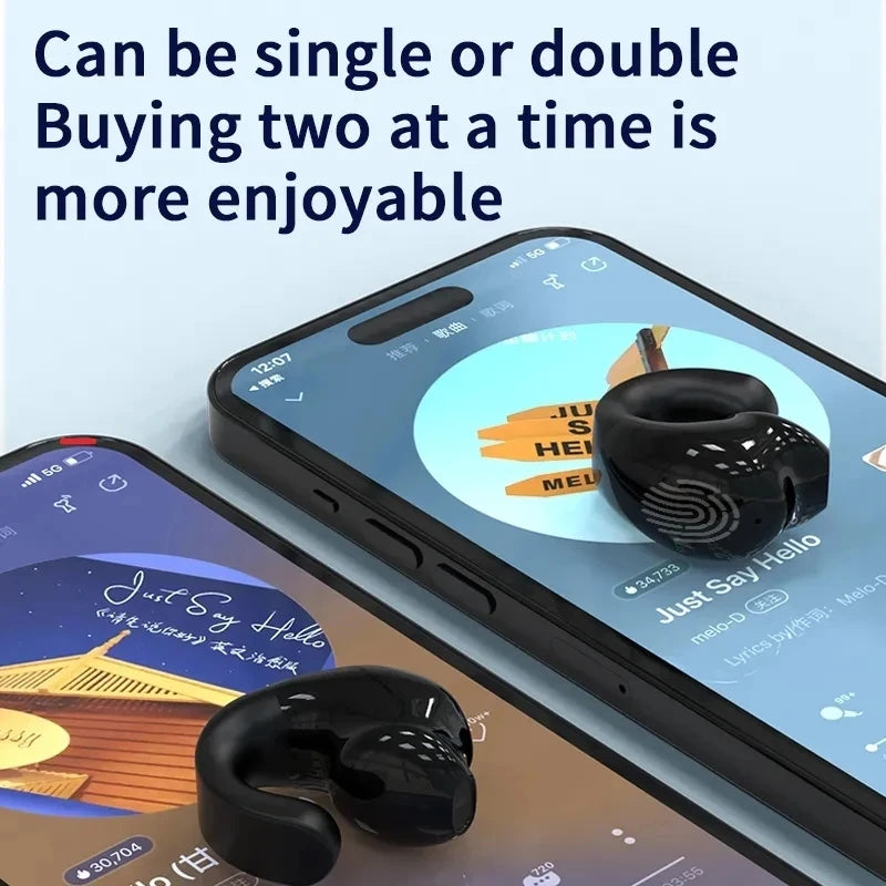 Wireless Ear Clip on Headphones TWS Bluetooth 5.3 Earphones Single in-Ear HiFi Stereo Touch Control Sports Headset with Mic Oasis Select