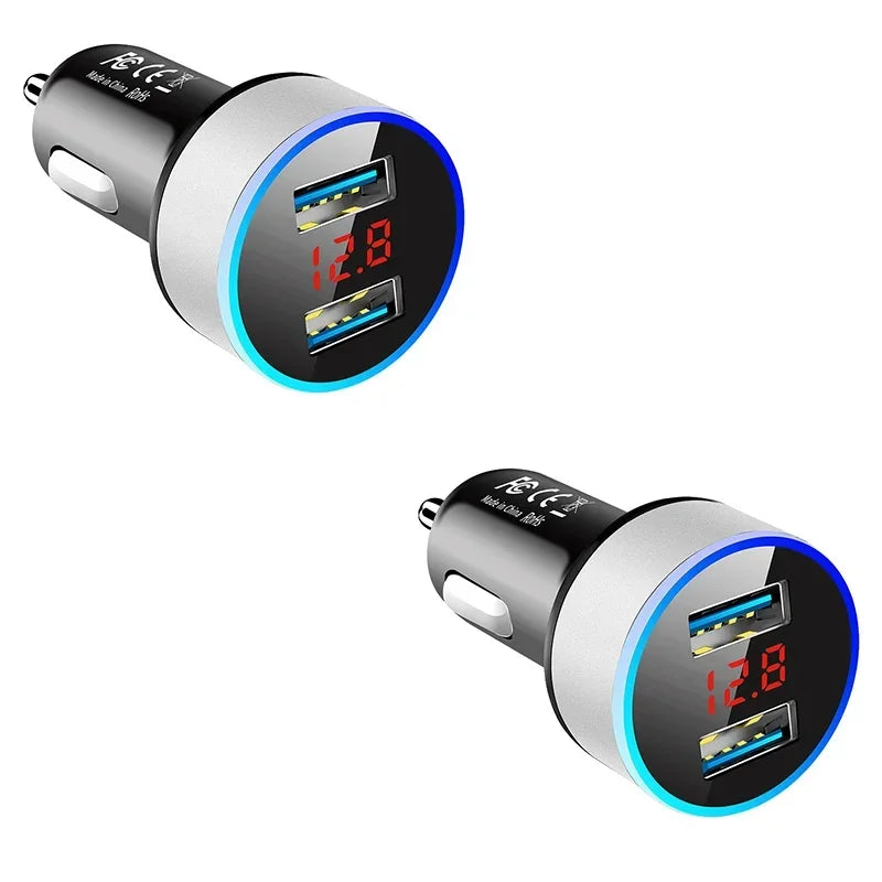1/2pcs Car Charger For Cigarette Lighter Smart Phone USB Adapter Mobile Phone Charger Dual USB Digital Display Voltmeter Oasis Select Silver 2pcs