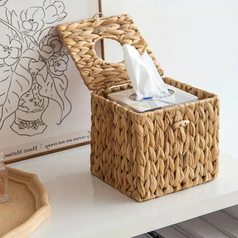Natural Fiber Snap Closure Multi Scene Use Storage & Decor All in One Boho Style Woven Tissue Box with Lid Oasis Select