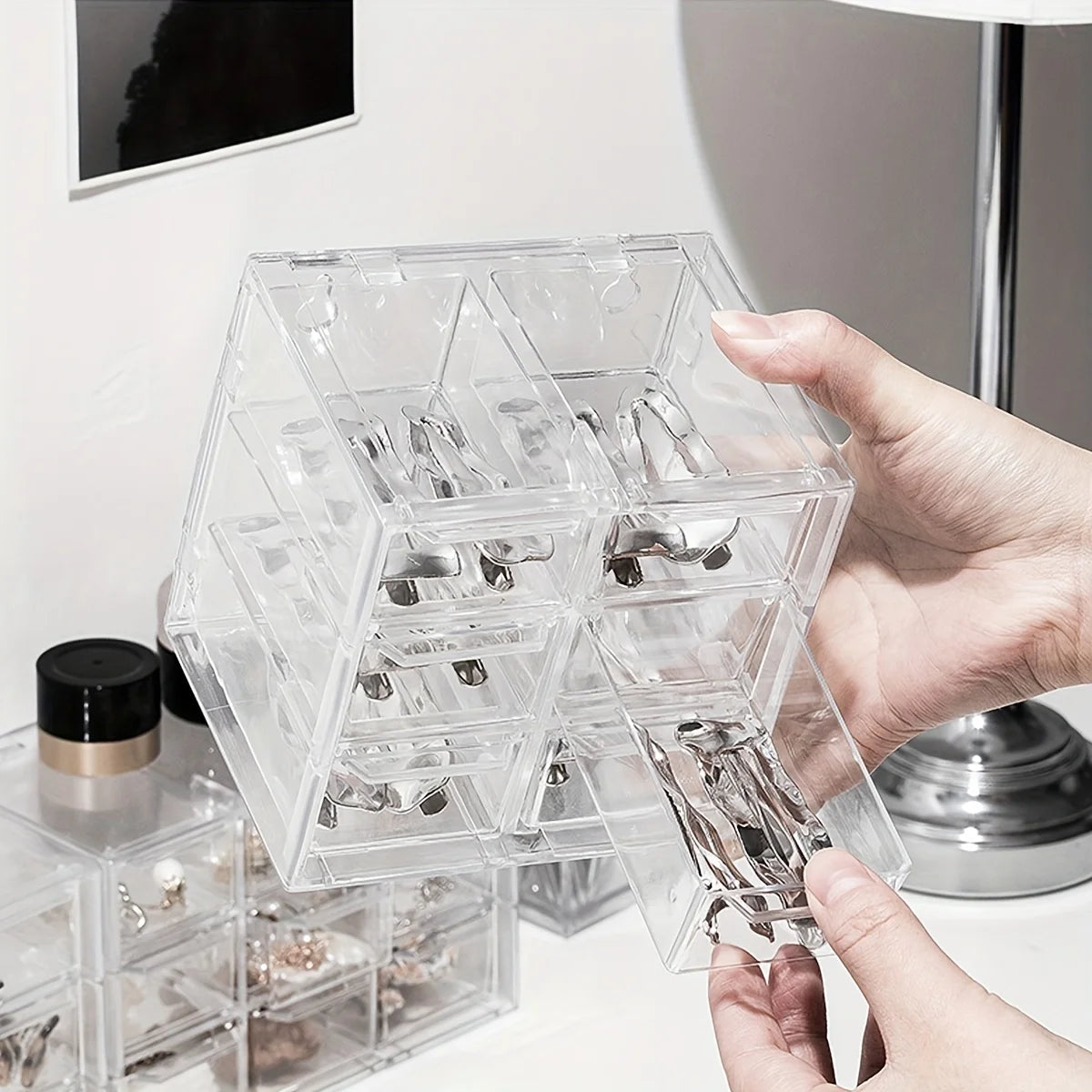 Transparent Desktop Multi Grid Jewelry Box Drawer Type Lipstick Cosmetics Dustproof Storage Box Oasis Select